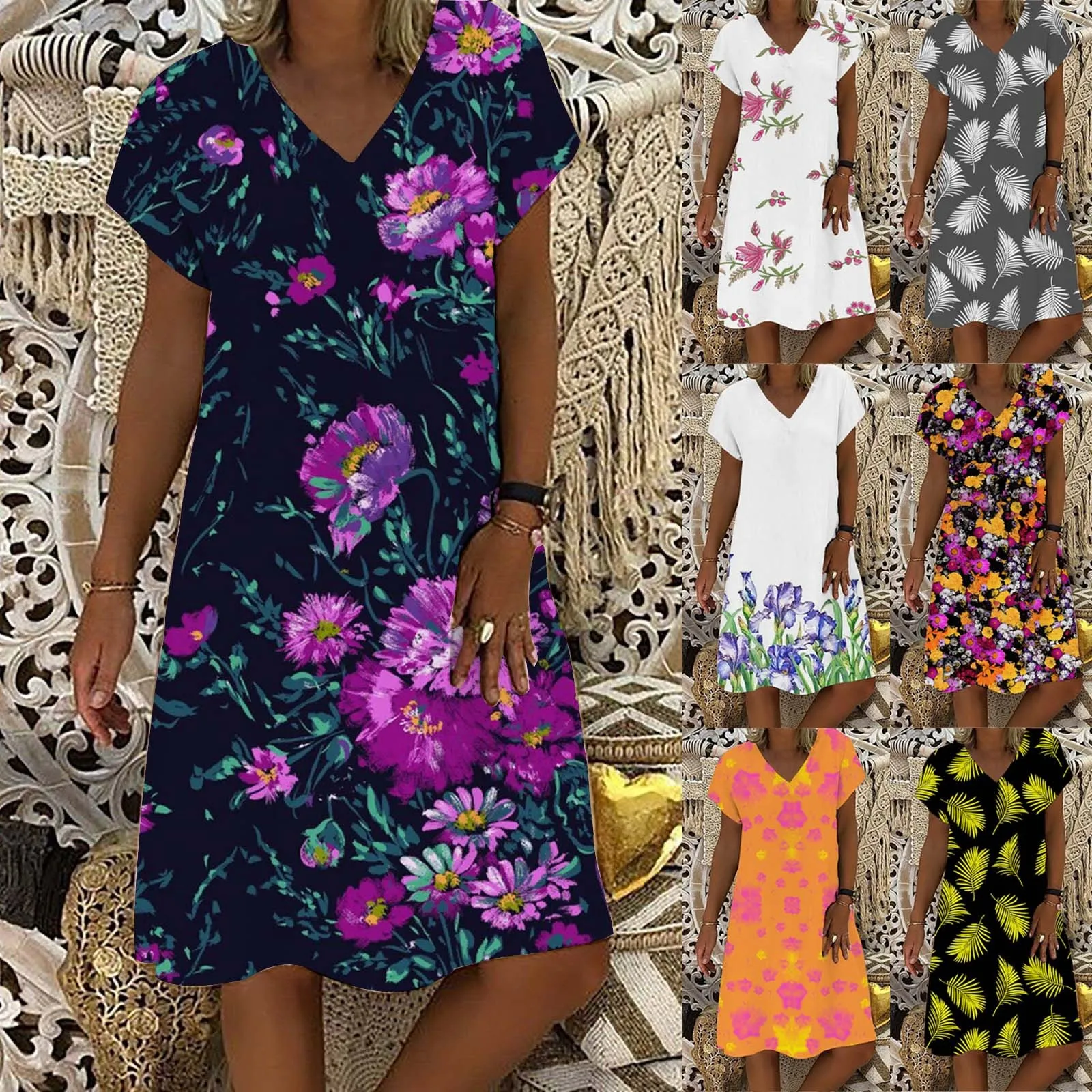 2022 Pretty Women's Floral Printed Painting Dresses V Neck Elegant Stylish Women Dresses White Black Knee Length Beach Dresses 
2022 Pretty Women's Floral Printed Painting Dresses V Neck Elegant Stylish Women Dresses White Black Knee Length Beach Dresses