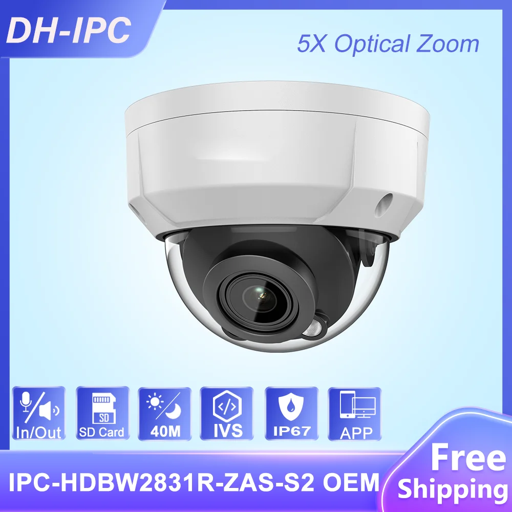 

Dahua OEM IPC-HDBW2831R-ZAS-S2 8MP 4K 5X Zoom POE SD Card Slot Audio Alarm I /O H.265+ 40M IR IVS IK10 Starlight IP Camera