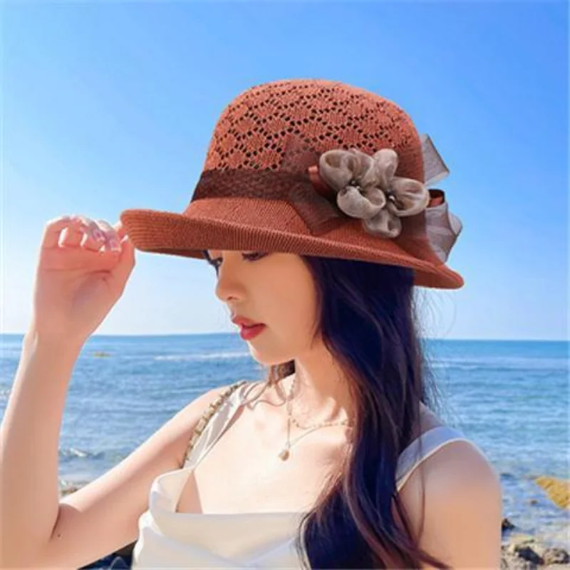 

Шляпа Женская Солнцезащитная с затеняющим верхом, соломенная вязаная шапка с цветами для отдыха на открытом воздухе, путешествий, пляжа, курорта, лето 2023