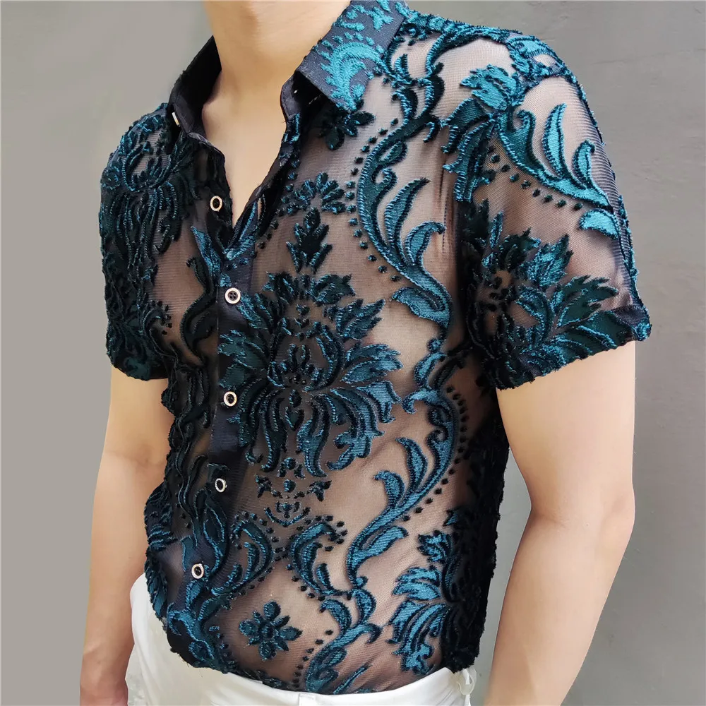 Shirt Short-sleeved Quality Slim-fit Nightclub Transparent Men's See Floral Soft High Sexy Velvet Clothing Green Shirt Through
Shirt Short-sleeved Quality Slim-fit Nightclub Transparent Men's See Floral Soft High Sexy Velvet Clothing Green Shirt Through