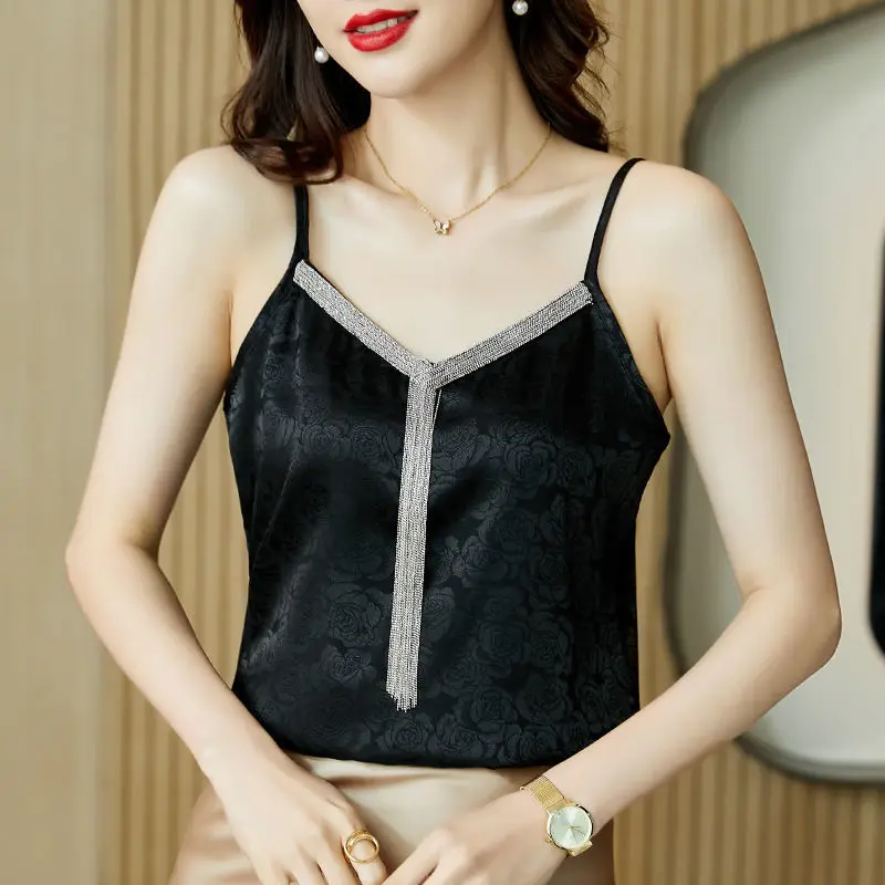 

Black Basic Women Silk Satin Tops Vest Summer Sexy Camis Tank For Ladies Strappy Camisole Top Shirts Fairy Femme Clothes C96