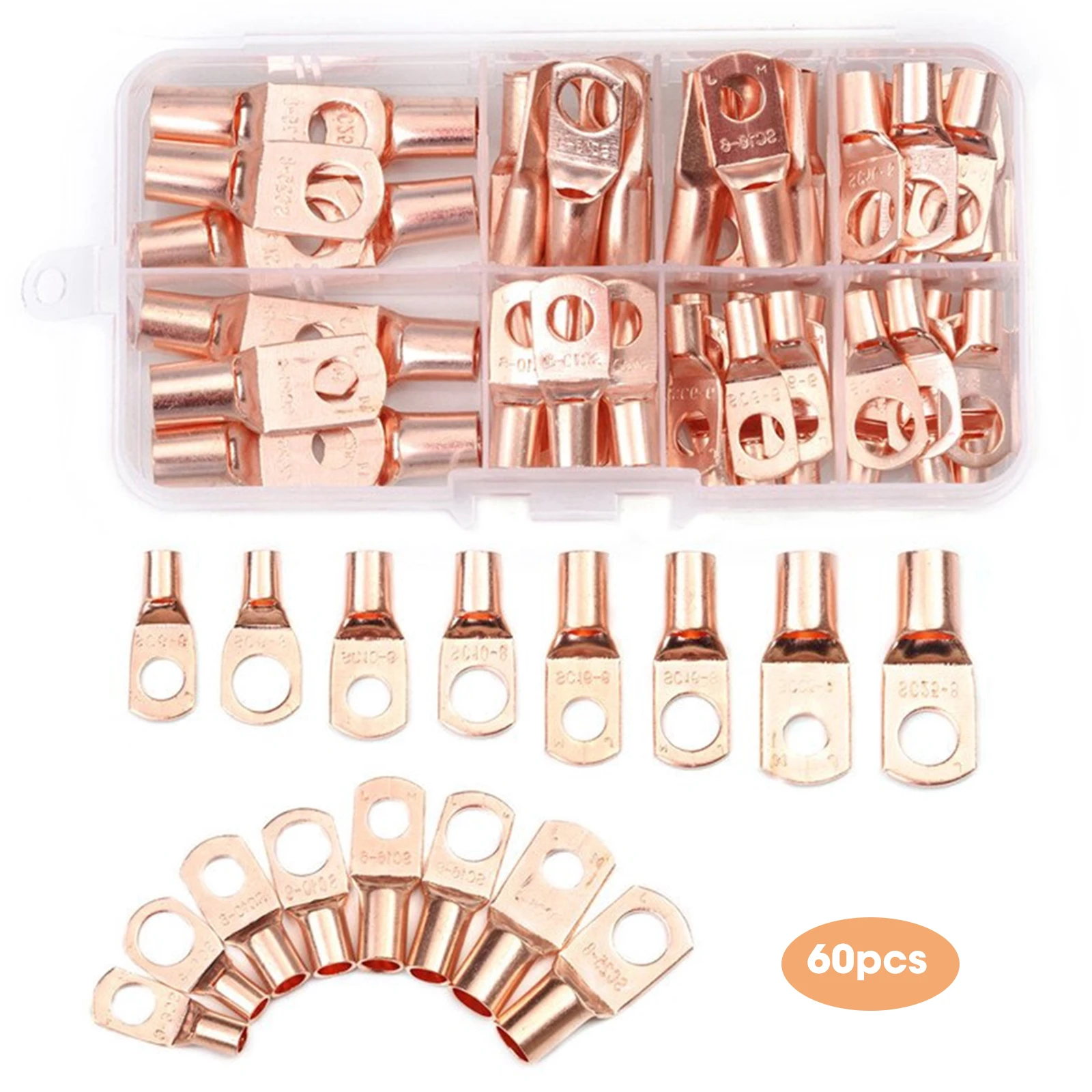 

60Pcs SC Bare Terminals Lug Tinned Copper Tube Lug Ring Seal Battery Wire Connectors Bare Cable Crimped/Soldered Terminal Kit