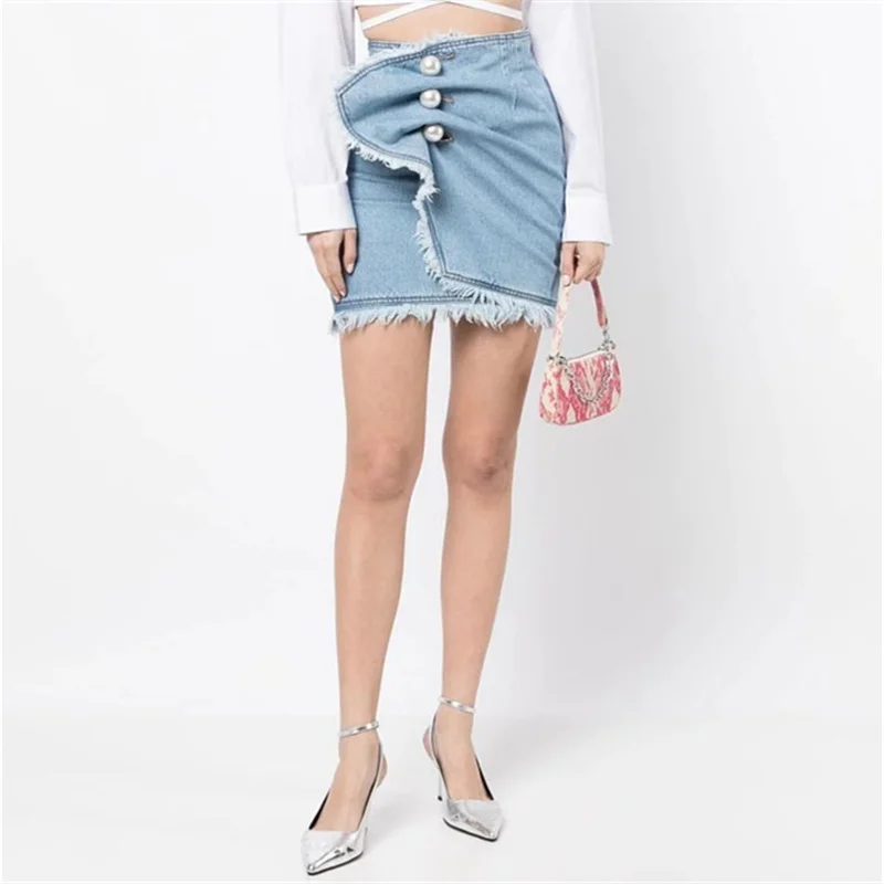 Spring 2023 Trends Women's Skirt Korean Fashion Beaded High Waist Denim Half-length Skirt Washed Raw Hem Cotton Mini Skirt Traf
Spring 2023 Trends Women's Skirt Korean Fashion Beaded High Waist Denim Half-length Skirt Washed Raw Hem Cotton Mini Skirt Traf