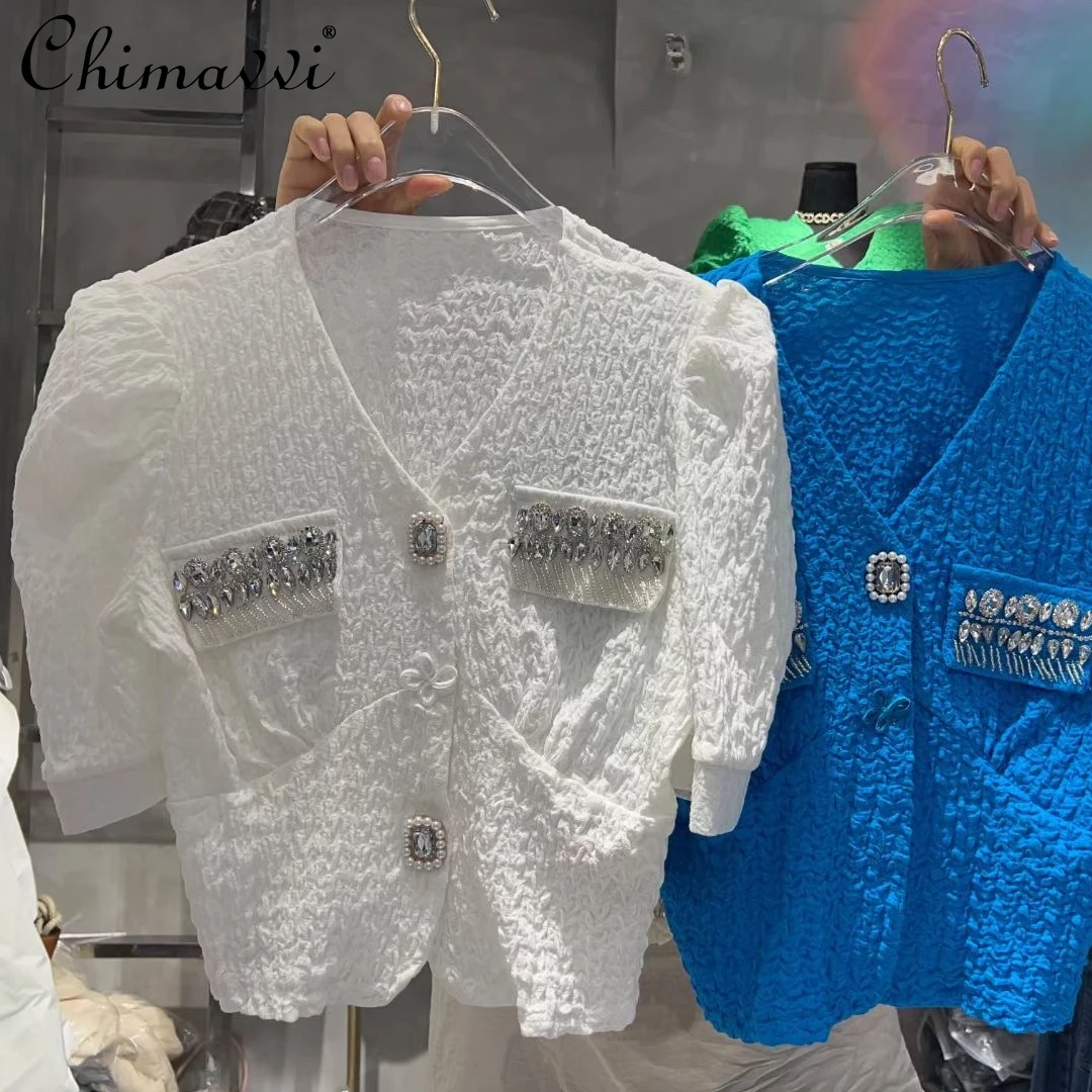 Женская модная простая элегантная однотонная короткая рубашка, Новинка лета 2022, милая облегающая блузка с V-образным вырезом и бусинами, Топ
Женская модная простая элегантная однотонная короткая рубашка, Новинка лета 2022, милая облегающая блузка с V-образным вырезом и бусинами, Топ