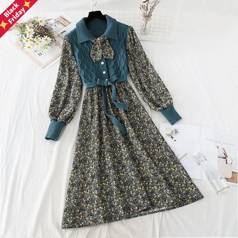 Flower Print Knitted Patchwork Corduroy Party Dress 2023 Autumn Elegant Single-Beasted Elastic Waist Bow Sashes Dress
Flower Print Knitted Patchwork Corduroy Party Dress 2023 Autumn Elegant Single-Beasted Elastic Waist Bow Sashes Dress