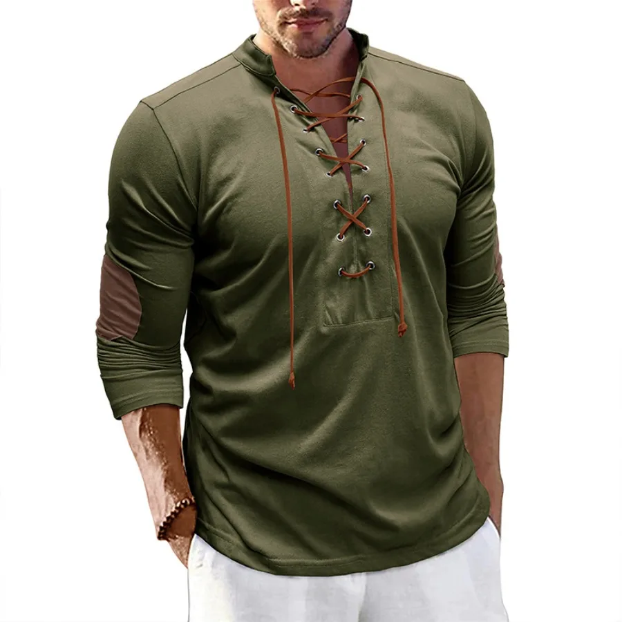 

New Men's Lace-up T-shirts Slim Fit V-neck Long Sleeve Sport Tops Muscle Solid Casual Tops Henley-shirt Fashion Retro Basic Tees