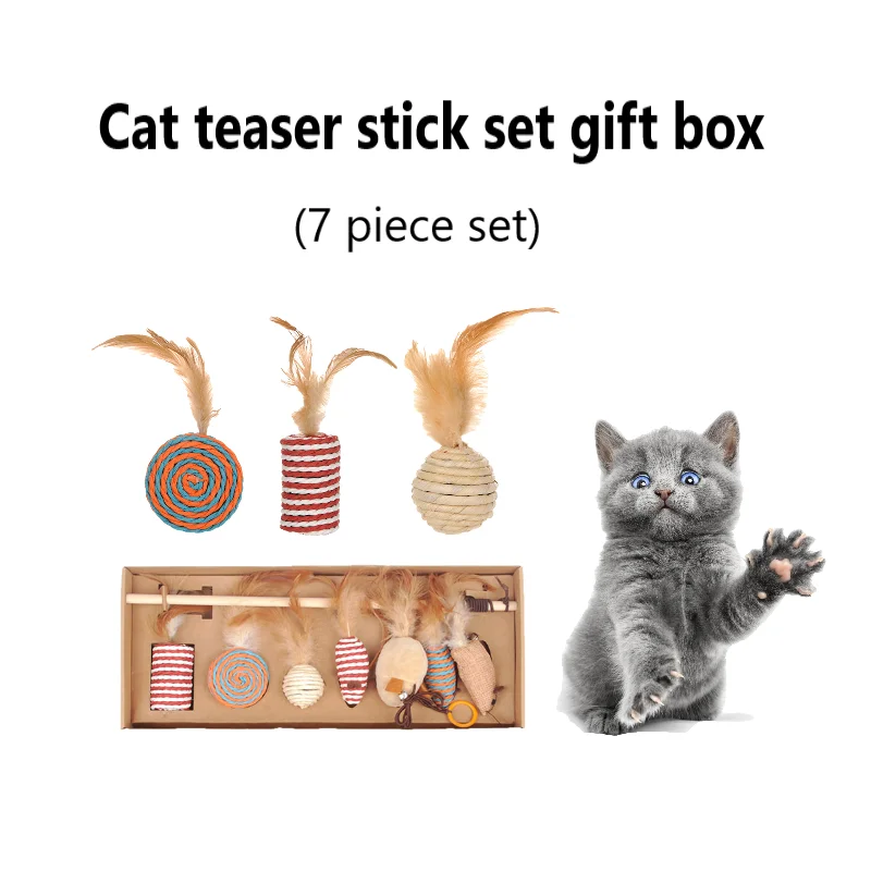 

7pcs/set Funny Cat Toys Sets With Gift Box Feather Cat Teaser Wand Catnip Katten Sisal Speelgoed Cat Toy Box Set Linen Mouse Toy