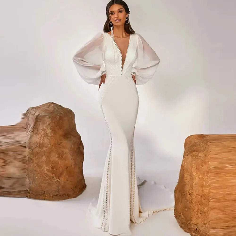Elegant Deep V-Neck Mermaid Wedding Dress Sexy Long Chiffon Sleeves Wedding Gown With Train Backless Vestido De Noiva
Elegant Deep V-Neck Mermaid Wedding Dress Sexy Long Chiffon Sleeves Wedding Gown With Train Backless Vestido De Noiva