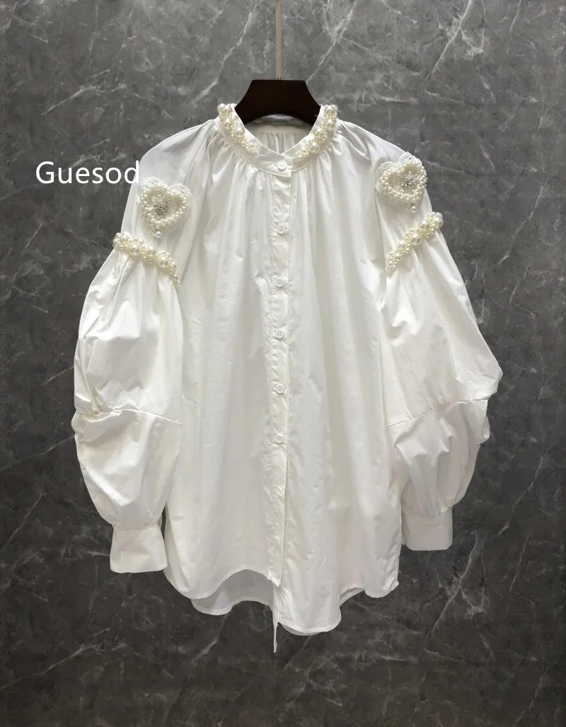 Women Cotton Blouse Top Quality Handmade Beading Lantern Sleeve Blouse Female Spring Loose Top New Guesod
Women Cotton Blouse Top Quality Handmade Beading Lantern Sleeve Blouse Female Spring Loose Top New Guesod