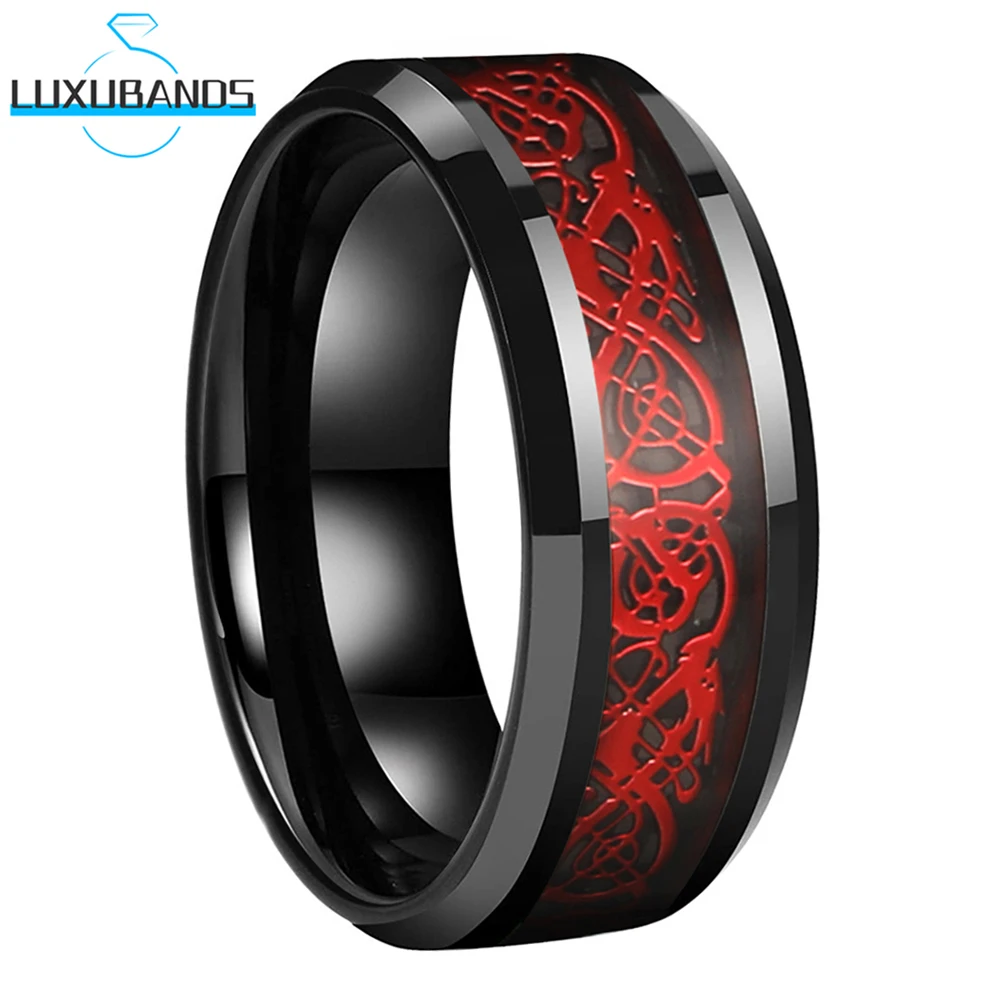 Tungsten Carbide Ring For Men Wemen 8mm In Stock Red Dragon Beveled Edges Black Carbon-Fiber Inlay Polished Finish Comfort Fit
Tungsten Carbide Ring For Men Wemen 8mm In Stock Red Dragon Beveled Edges Black Carbon-Fiber Inlay Polished Finish Comfort Fit