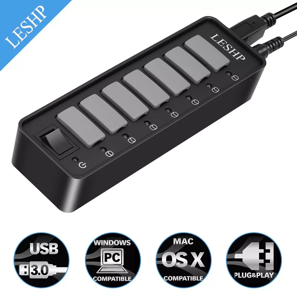 7 Ports USB 3.0 Hub High Speed 5Gbps USB 3.0 Data Hub Splitter with LEDs & Switch External Power Adapter for PC Laptop
7 Ports USB 3.0 Hub High Speed 5Gbps USB 3.0 Data Hub Splitter with LEDs & Switch External Power Adapter for PC Laptop