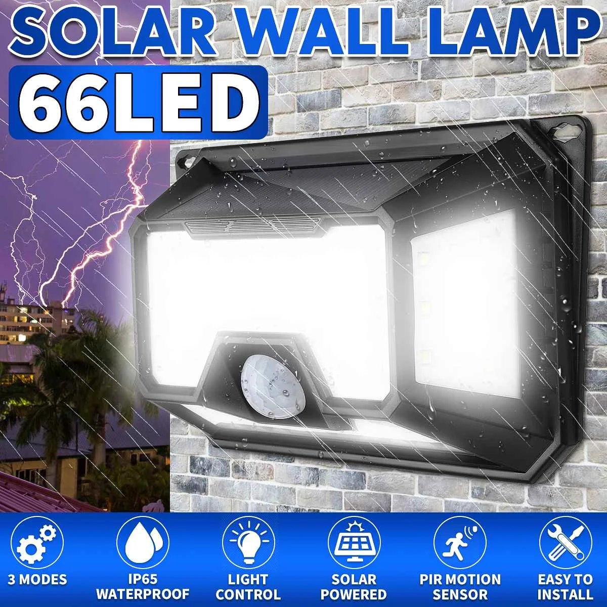 

100W Solar Light 66 LED 4 Side Outdoor Solar PIR Motion Sensor Garden Wall Lamp 3 Mode Lamp Waterproof IP65 Street Lighting