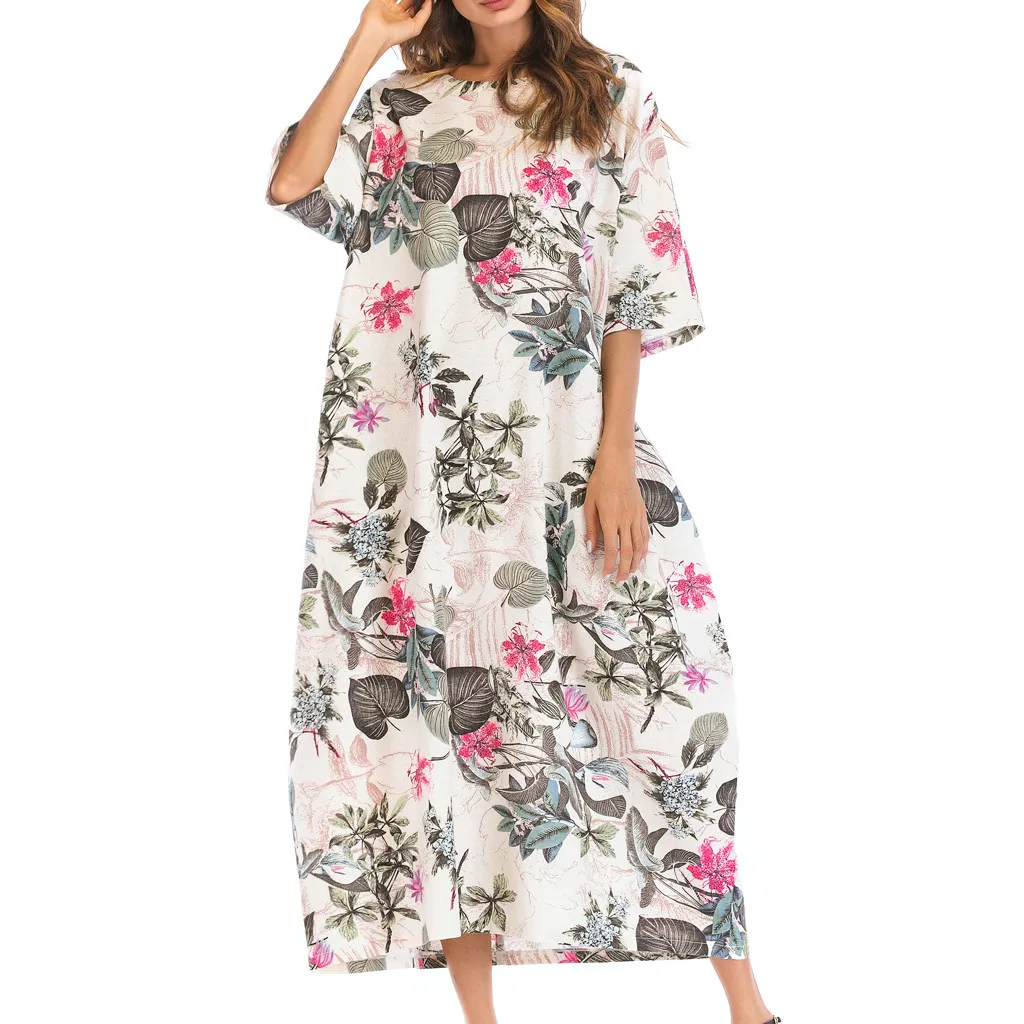 Women Cotton Linen Printed Dress O-neck Half Sleeve Long Dress Summer Midi Dress
Women Cotton Linen Printed Dress O-neck Half Sleeve Long Dress Summer Midi Dress
