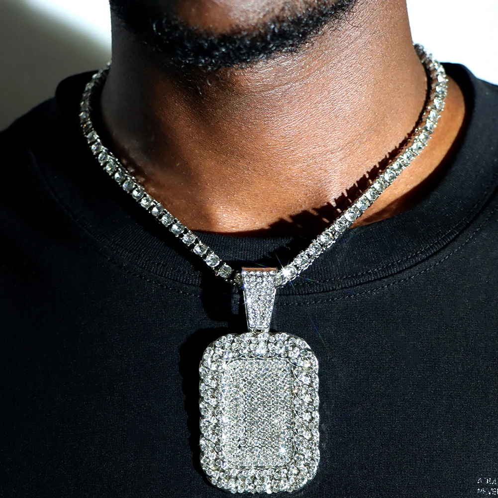 Hip Hop Micro Crystal Pave Square Dog Tag Pendant Necklace Iced Out 1 Row Rhinestones Tennis Chain Geometric Necklaces Jewelry
Hip Hop Micro Crystal Pave Square Dog Tag Pendant Necklace Iced Out 1 Row Rhinestones Tennis Chain Geometric Necklaces Jewelry