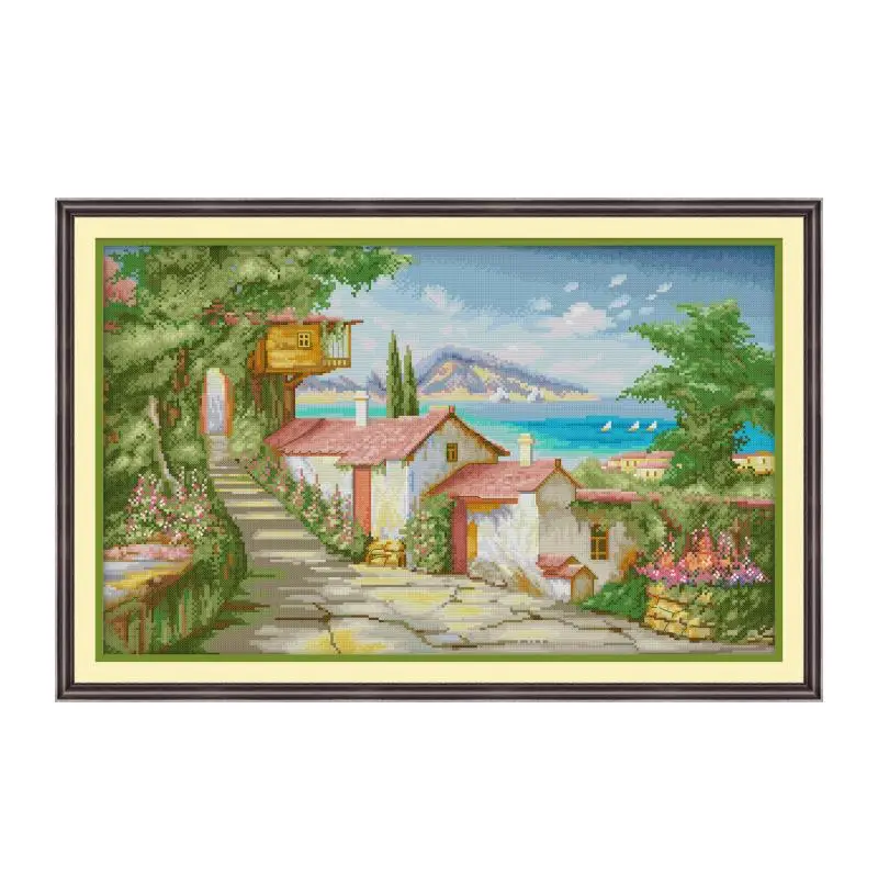 

Seaside Town Landscape Pattern Cross Stitch Kits DIY Hand Embroidery 14CT 11CT Count Printed Canvas Fabric Sewing Set Kids Deco
