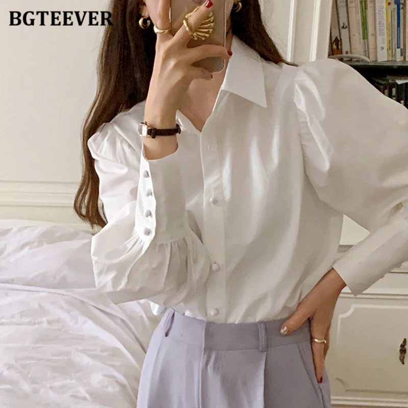 

BGTEEVER Elegant Chic Lapel Women White Shirts 2023 Spring Fashion Loose Puff Sleeve Single-breasted Female Blouses Tops