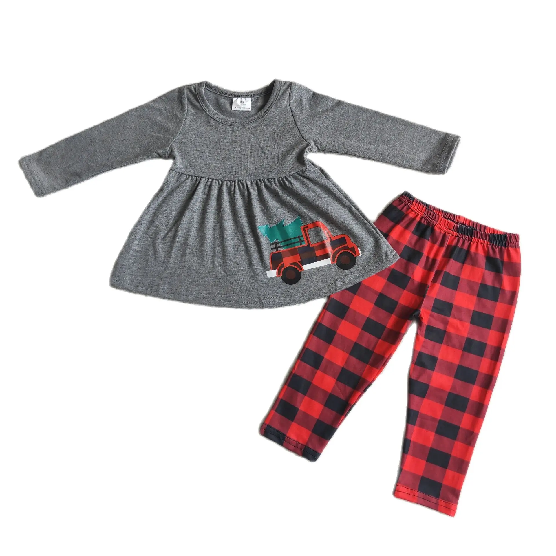 6 A22-20 Girls Christmas Outfit Long Sleeve And Long Pants Christmas tree And Car Print