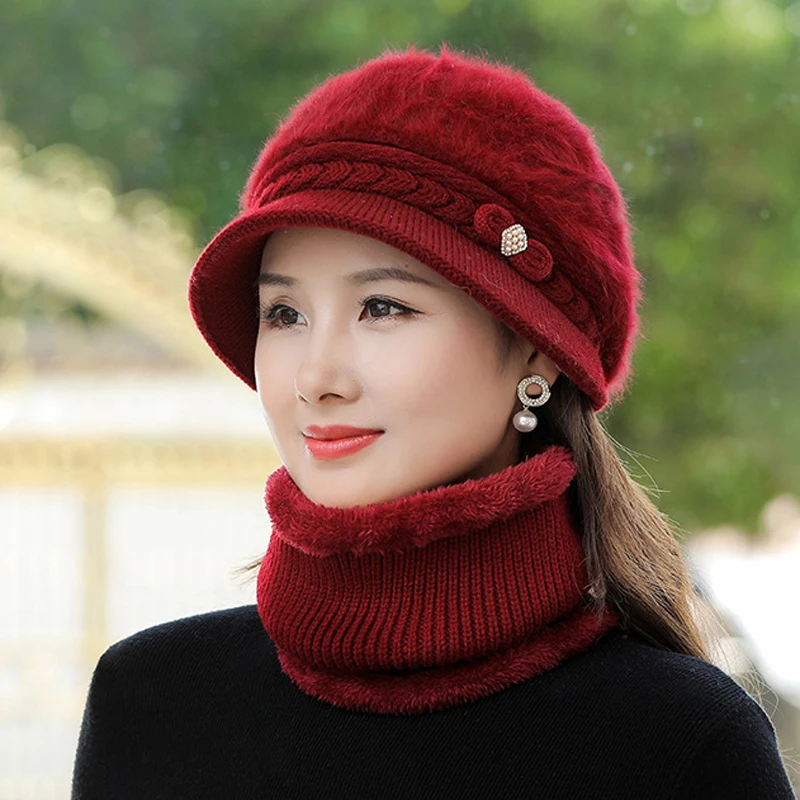 

2021 New Winter Mother's Beanies Hat Elegant Women Thick Warm Skullies Gorras Stripes Cap Set Flower Decorate Knitted Wool Hat