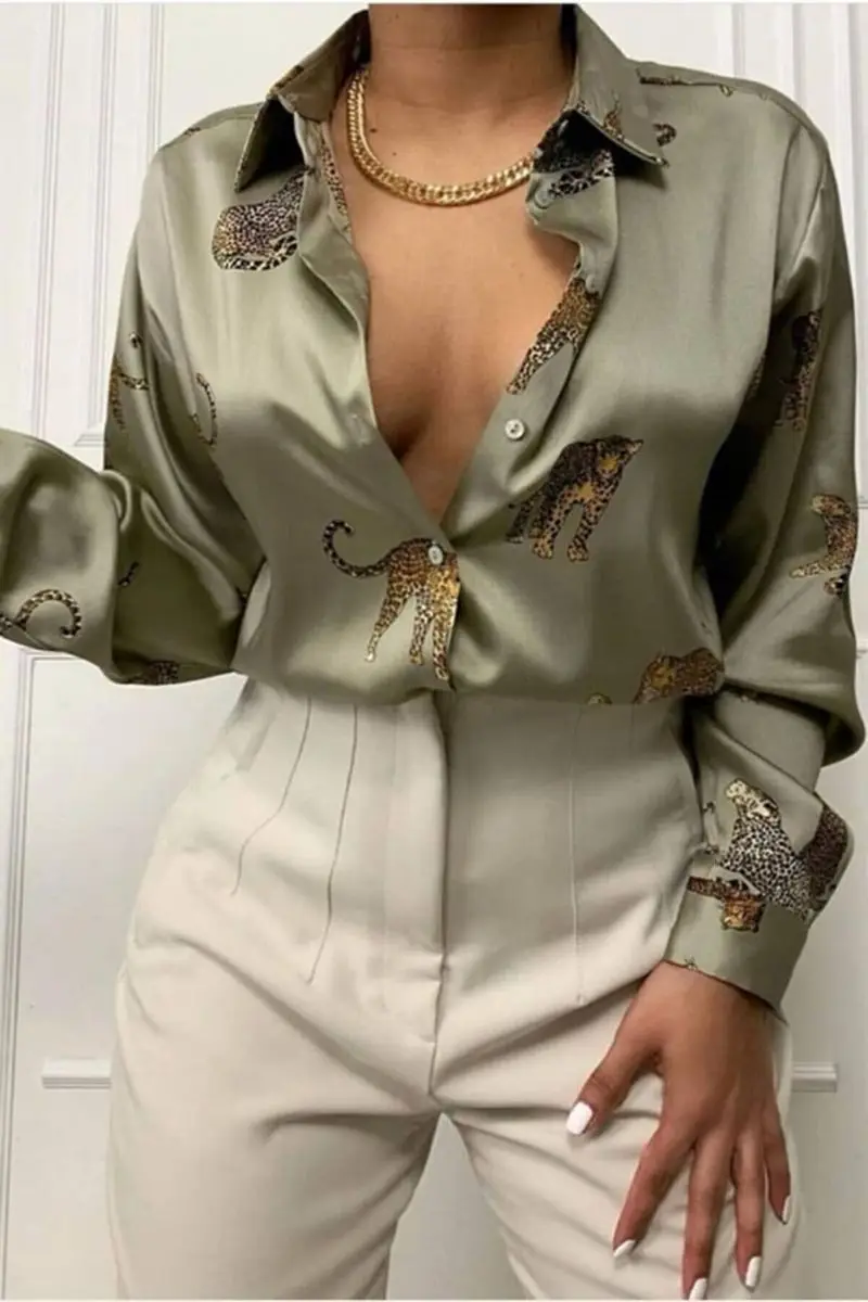 Women mink leopard satin shirt Mg187 
Women mink leopard satin shirt Mg187