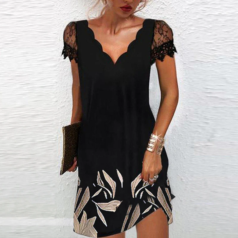 Women Elegant Dresses Summer V Neck Lace Short Sleeve Dress Sexy Printed Loose Female Black Party Vestidos |