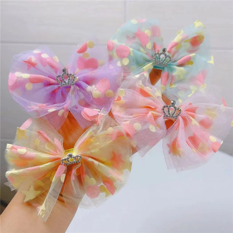 

8Pcs/Lot Handmade Dot Mesh Hair Bows Soft Girls Sweet Hair Clips Crown Princess Hairpin Hairgrips Barrettes Kids Hair Accessorie