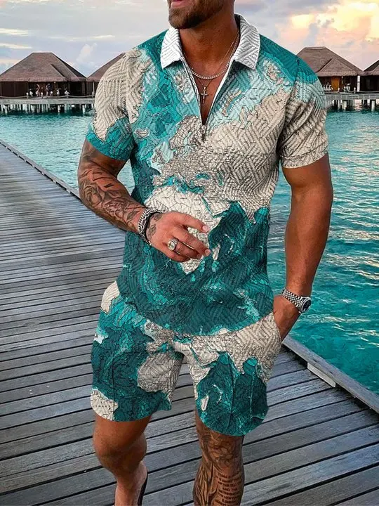 Summer Leisure Sports Lapel Fashion Street Print Suit Men's Sport Zip Polo Short Sleeve Shorts 2-Piece Suit beach clothing NEW 
Summer Leisure Sports Lapel Fashion Street Print Suit Men's Sport Zip Polo Short Sleeve Shorts 2-Piece Suit beach clothing NEW
