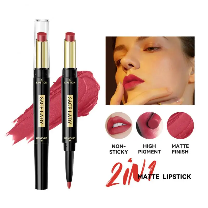 

5 Colors Double-ended Matte Lipstick Pen Waterproof Long Lasting Lip Tint Non-stick Cup Lip Liner Pencil Make-up For Women