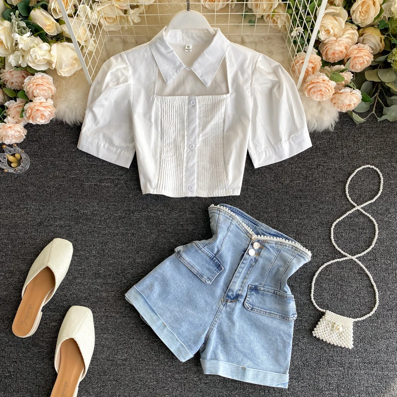 Fashion Casual White Hole fold Puff Sleeve Blouse Shirts Tops & Denim Beading Shorts Matching Set Outfits Summer 2022 Women Set
Fashion Casual White Hole fold Puff Sleeve Blouse Shirts Tops & Denim Beading Shorts Matching Set Outfits Summer 2022 Women Set