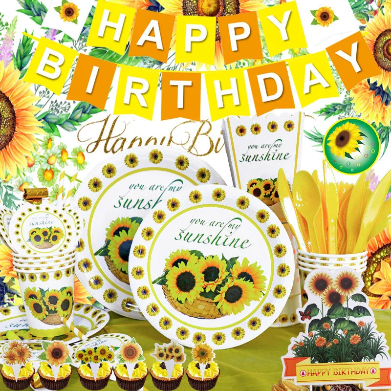 Sunflower birthday party decoration tableware golden sun flower sunshine disposable cup plate pull flag cake flag baby shower
Sunflower birthday party decoration tableware golden sun flower sunshine disposable cup plate pull flag cake flag baby shower
