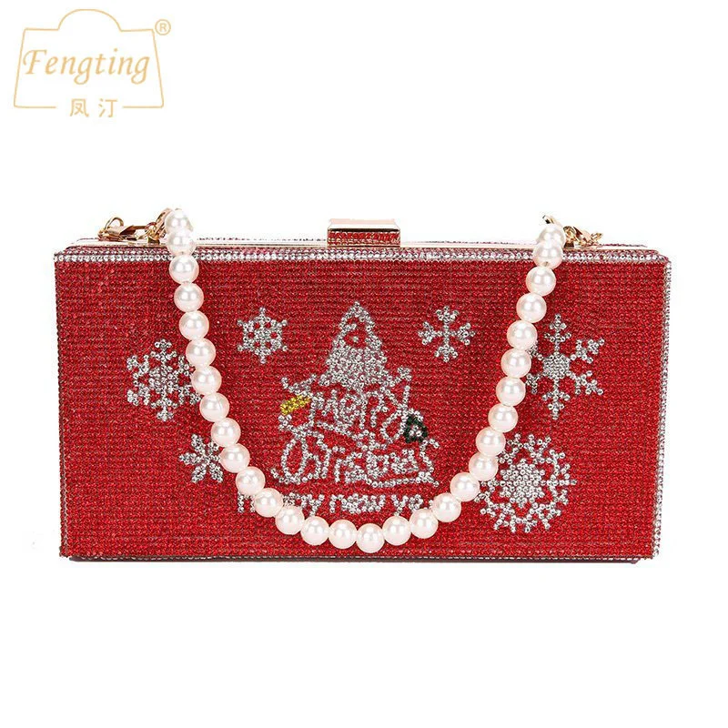 

Клатч для рождественской вечеринки, красная вечерняя сумка, роскошный дизайн, кошелек с жемчужинами и бриллиантами для женщин, сумка на плечо с цепочкой, маленькие сумочки FTB335
