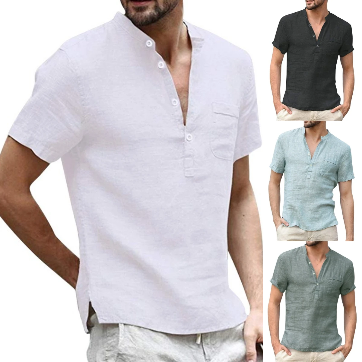 2023 New Men's Standing Collar Cotton Linen Short Sleeved Shirt Men's Designer Clothes Popular Tops for Men
2023 New Men's Standing Collar Cotton Linen Short Sleeved Shirt Men's Designer Clothes Popular Tops for Men