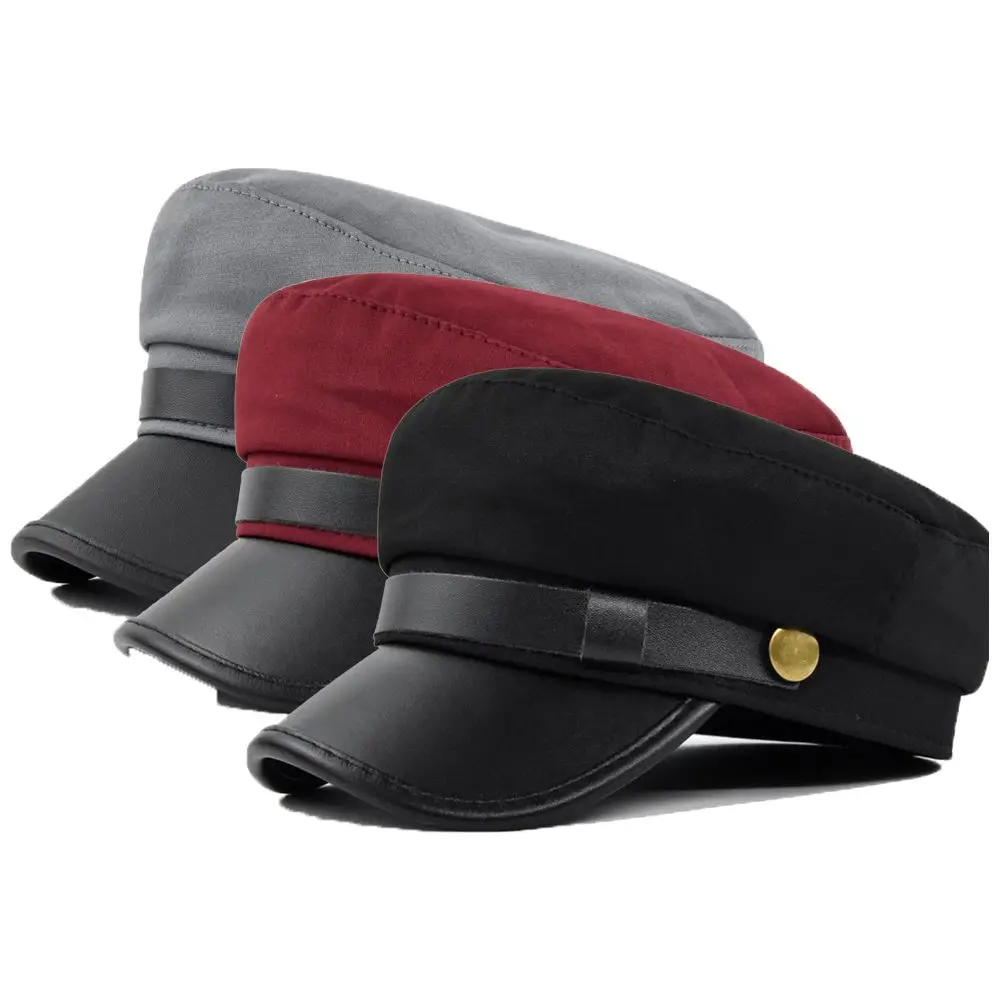 

For Unisex British Style Metal Button PU Leather Autumn Flat Navy Hats Fishing Cap Men Sailor Caps Women Captain Caps