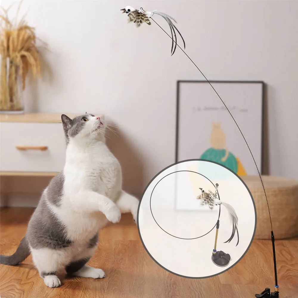 

Simulation Bird Cat Toys Interactive Funny Feather Bird With Sucker Pet Cat Stick Toy Kitten Playing Teaser Wand Toys For Cats