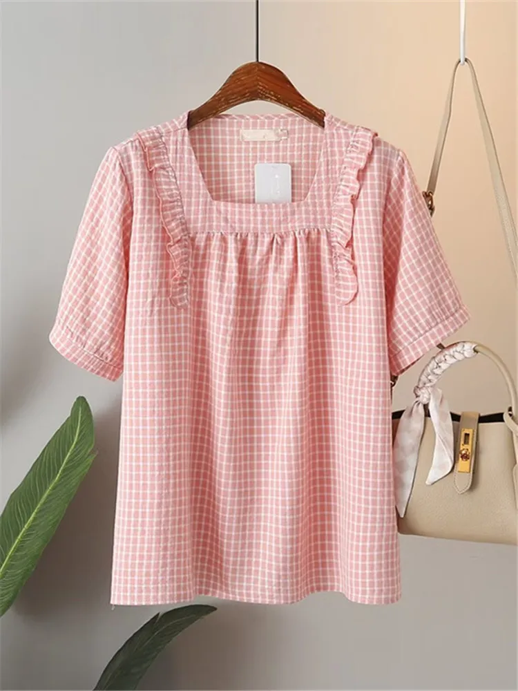 Plus Size Women's Short Sleeve T-Shirt Square Neck Shirt With Ruffles Non-Stretch Summer Top In Check Suitable For Obese Women 
Plus Size Women's Short Sleeve T-Shirt Square Neck Shirt With Ruffles Non-Stretch Summer Top In Check Suitable For Obese Women
