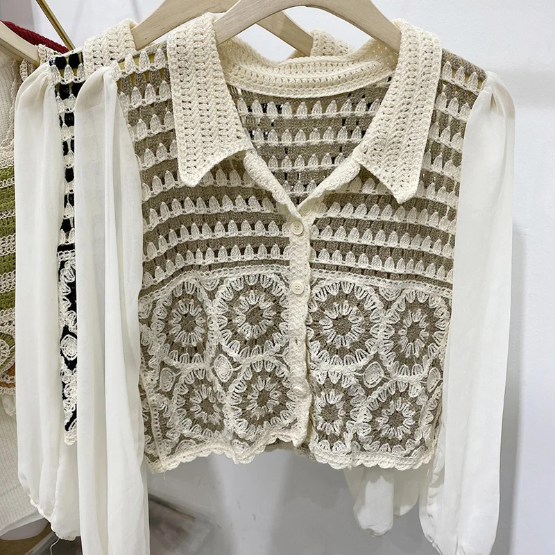 Boring Honey Turndown Collar Single-Breasted Women's T-Shirts Chiffon Sleeve Splicing Hollow Out Crochet Tops Women Clothing
Boring Honey Turndown Collar Single-Breasted Women's T-Shirts Chiffon Sleeve Splicing Hollow Out Crochet Tops Women Clothing