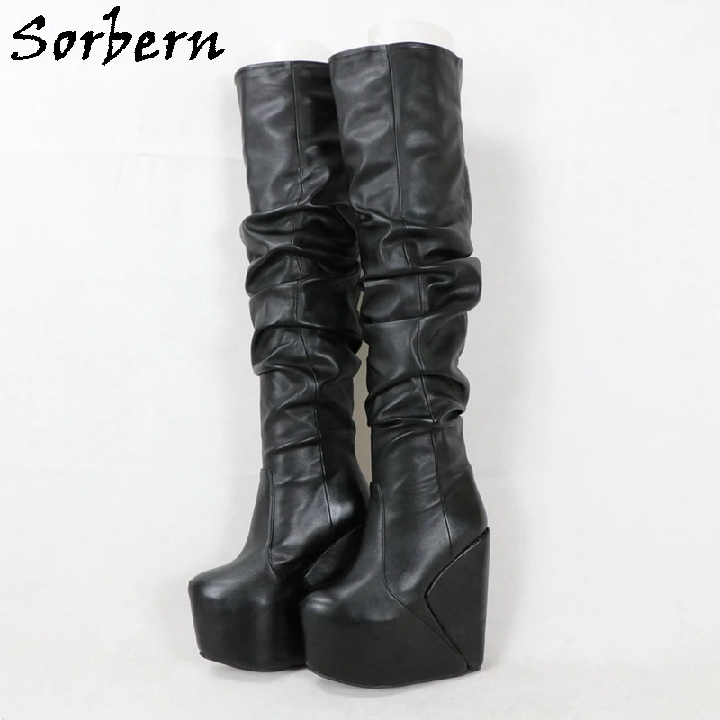 

Sorbern Black Folded Knee High Boots Women 16Cm High Heel Wedges Invisible Platform Plush Lining Over The Knee Mid Thigh High