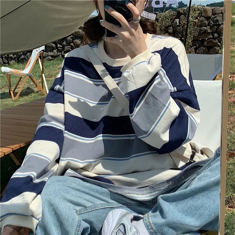 Woman Tshirts Striped T-shirt Women's Long-Sleeved Women's Loose Top Women's Autumn Clothes Ropa Mujer Camisetas
Woman Tshirts Striped T-shirt Women's Long-Sleeved Women's Loose Top Women's Autumn Clothes Ropa Mujer Camisetas