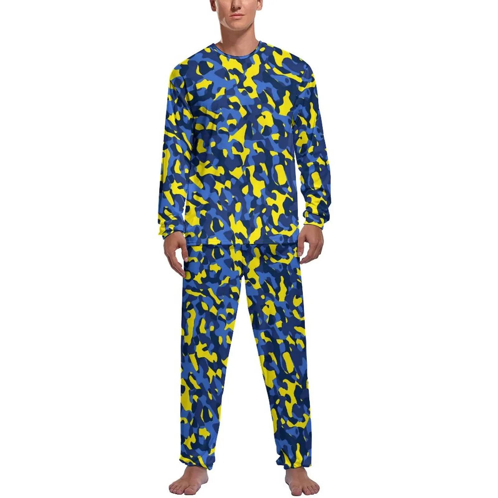 

Пижама с камуфляжным принтом мужская синяя желтая камуфляжная Женская Осенняя пижама с длинным рукавом комплект из двух предметов с графическим принтом