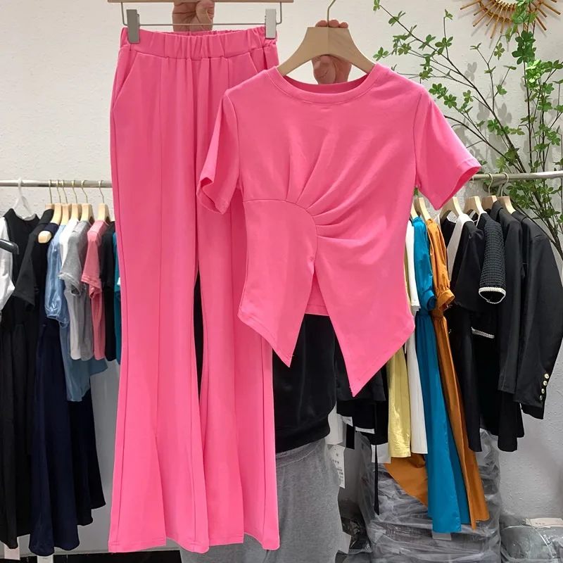 2022 Summer New High-End Temperament Round Neck Slim Fit T-Shirt Split Elastic Waist Flared Pants Leisure Sports Two-Piece Set
2022 Summer New High-End Temperament Round Neck Slim Fit T-Shirt Split Elastic Waist Flared Pants Leisure Sports Two-Piece Set