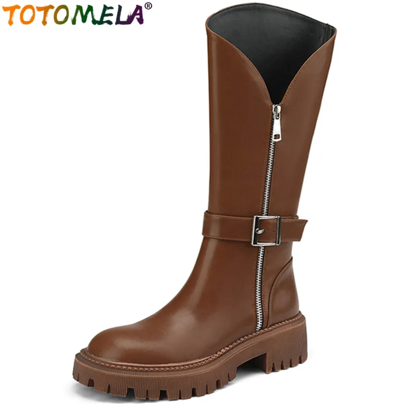 

TOTOMELA 2023 New Winter Zipper Retro Mid Calf Boots Genuine Leather Women Boots Thick Med Heels Dress Platform Shoes