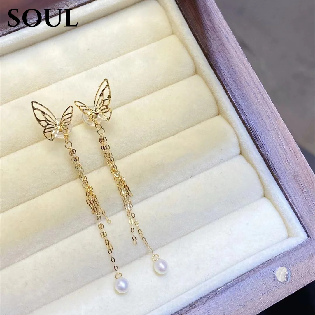 

SOUL Genuine AU750 Real 18k Gold Hoops Jewelry Women's Butterfly Pearl Earrings Charms Golden Earing Circle for Women Jewellery
