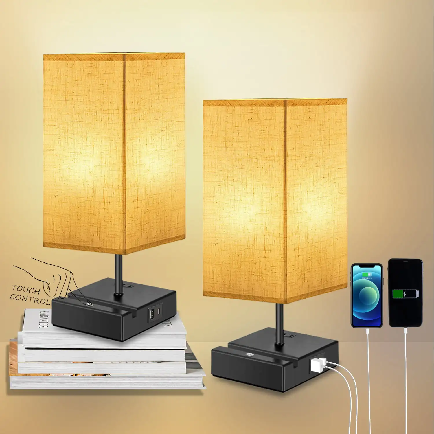 

HMTX Eva's Light Nightstand Lamps set of 2, 3-Way Dimmable Bedside Lamp with USB / Type C Port and Outlet for Bedrooms