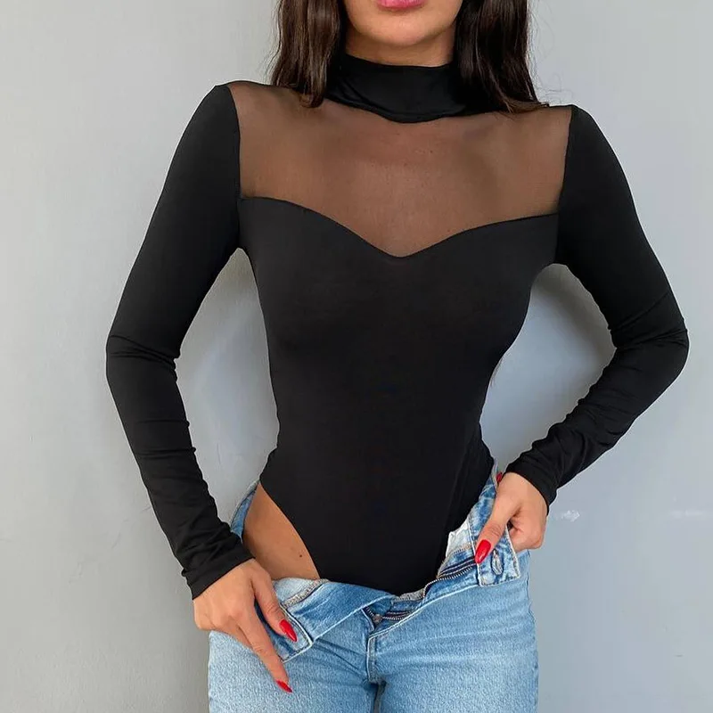 Women Mesh Spliced Bodysuit Tops spring Turtleneck Long Sleeve Bodycon Skinny Bodysuits Jumpsuits Ladies Sexy Vintage Club Wear
Women Mesh Spliced Bodysuit Tops spring Turtleneck Long Sleeve Bodycon Skinny Bodysuits Jumpsuits Ladies Sexy Vintage Club Wear