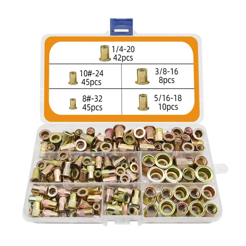 

150/230Pcs 8#-32 10#-24 1/4-20 5/16-18 3/8-16 UNC Rivets Nuts Rivnut Assortment Kit Flat Head Threaded Insert Nutserts