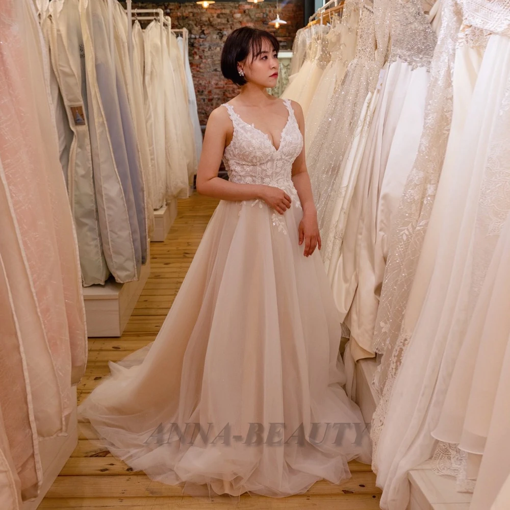 

Anna Tank Appliques Wedding Gown For Bride A Line Classic V Neck Backless Sleeveless Court Train Tulle Vestido De Casamento