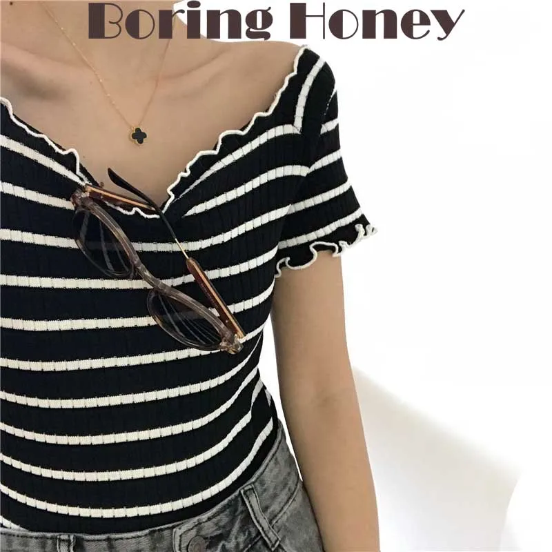 

Boring Honey Crop Top Women Summer Korean Style All-Match Stripe White Hemming Tops Knitted Off Shoulder Short T-Shirt Top Women