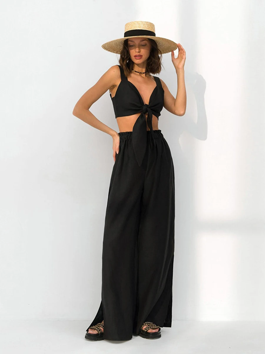Black Casual Pant Suit 2023 Summer Lace-up Backless Tank Tops With Hollow Out Wide Leg Outfits Women Beach Vacation 2 Piece Sets
Black Casual Pant Suit 2023 Summer Lace-up Backless Tank Tops With Hollow Out Wide Leg Outfits Women Beach Vacation 2 Piece Sets
