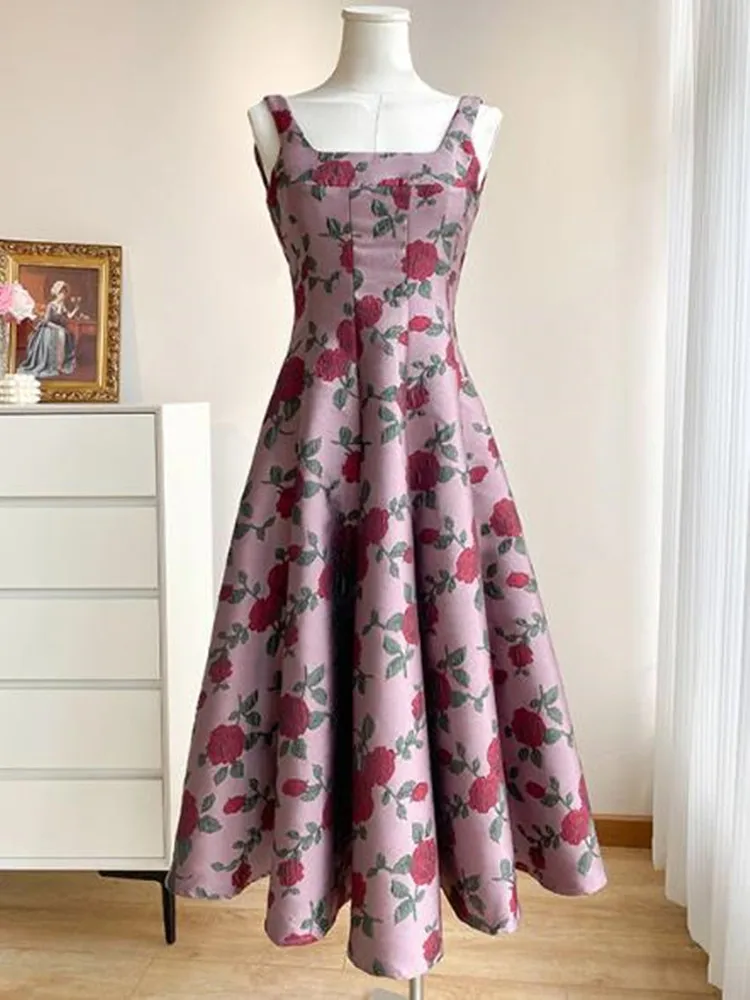 

Vintage Palace Rose Printed Jacquard A-line Dress Women Spaghetti Strap High Waist Slim Big Swing Party Princess