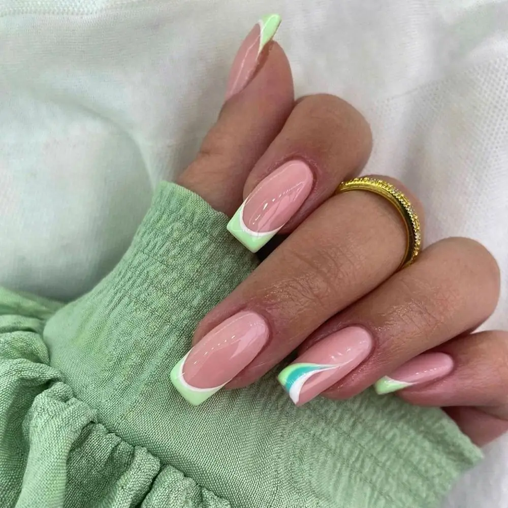 Носимые ногти для маникюра «сделай сам», накладные ногти, французские квадратные ногти средней длины 
Носимые ногти для маникюра «сделай сам», накладные ногти, французские квадратные ногти средней длины