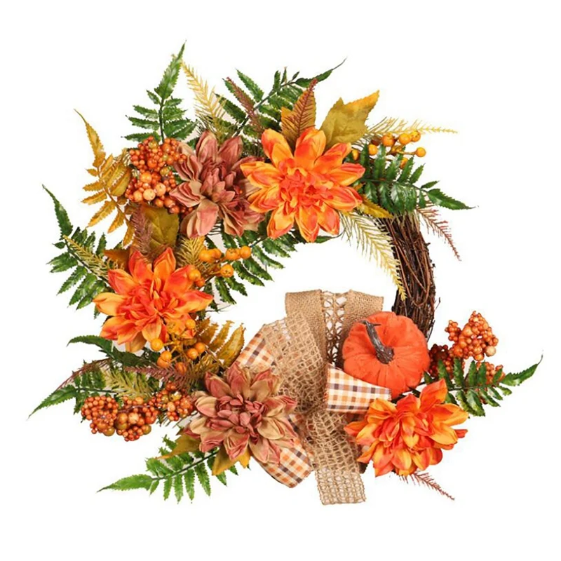 

Thanksgiving Day Door Wreath Artificial Silk Flower Pumpkin Berry Manmade Garland Cloth Rattan Material Home Decoration